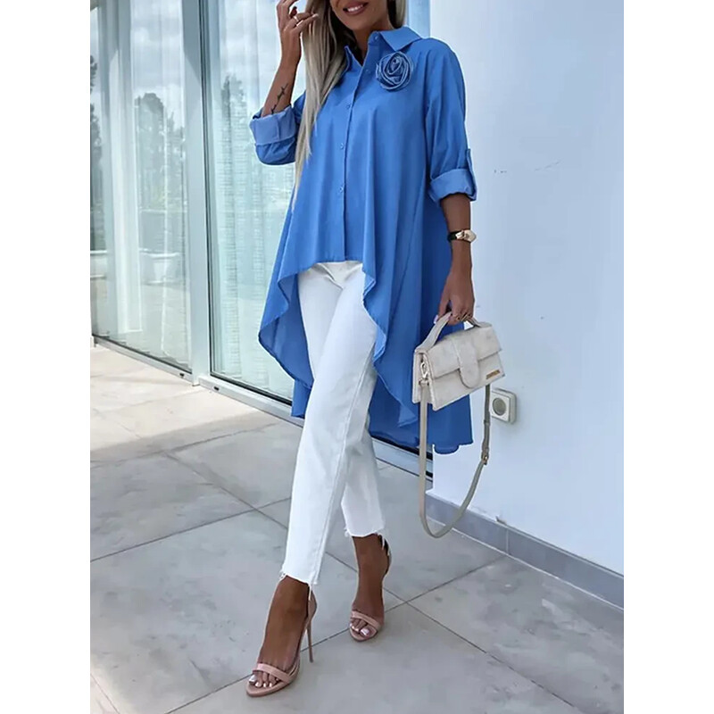 Tinaa 2024. Džepovi s gumbima Jednobojni polurukavi Visoki niski reveri Bluze i košulje Jesen Ležerne majice za izlaske