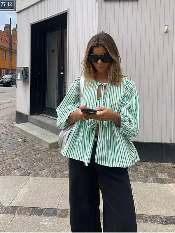 Modna prugasta košulja na vezanje za žene 2024. proljeće ljeto šik široke majice dugih rukava s O izrezom Ženska odjeća za putnike Vruća rasprodaja