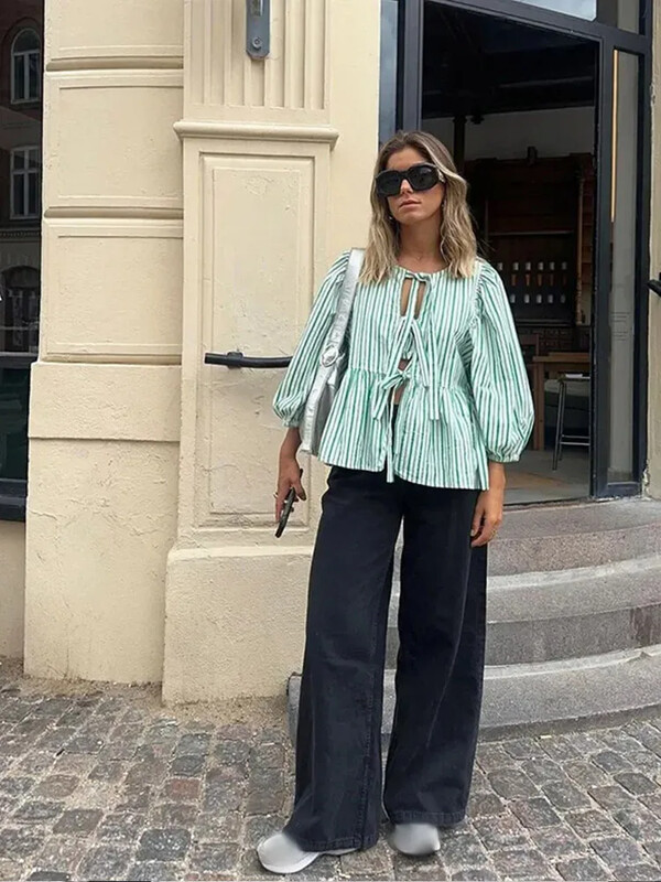 Modna prugasta košulja na vezanje za žene 2024. proljeće ljeto šik široke majice dugih rukava s O izrezom Ženska odjeća za putnike Vruća rasprodaja