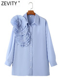 Zevity Moda pentru femei plisate cu flori mari, bluză solidă, bluză, cu nasturi, cămașă șic, bluză, bluză, LS5639