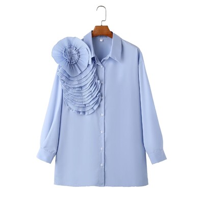 Zevity Moda pentru femei plisate cu flori mari, bluză solidă, bluză, cu nasturi, cămașă șic, bluză, bluză, LS5639