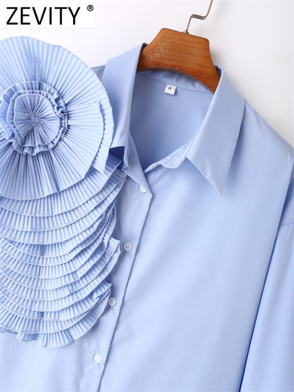 Zevity Ženska modna plisirana velika cvjetna bluza Jednobojna bluza Uredska dama Košulja s gumbima Chic košulja Blusas Topovi LS5639