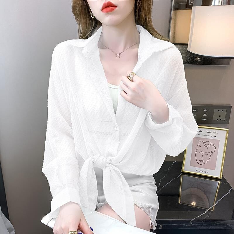 Ženska odjeća Jednobojna košulja Ljetna tanka jednoredna kopča s dugim rukavima, široka bluza s otvorenim ovratnikom