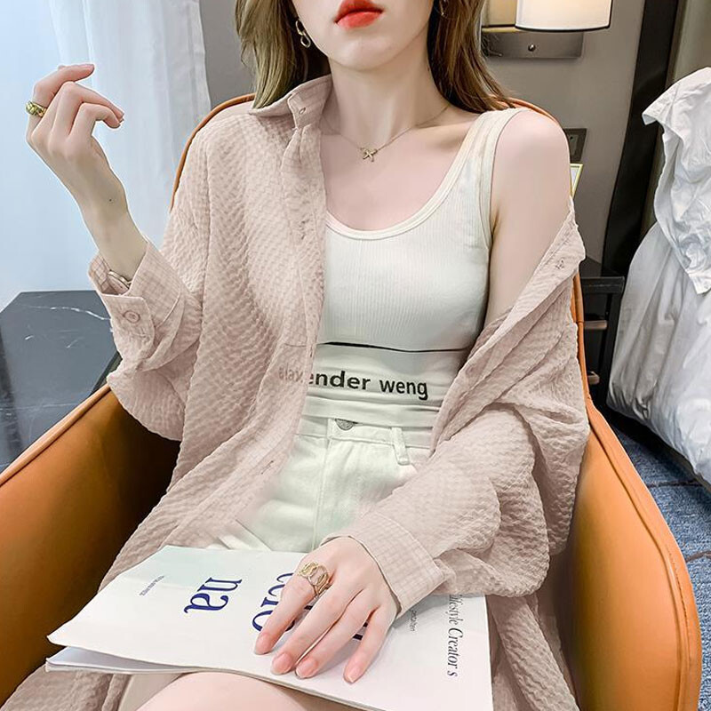 Ženska odjeća Jednobojna košulja Ljetna tanka jednoredna kopča s dugim rukavima, široka bluza s otvorenim ovratnikom