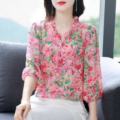 Cămașă cu imprimare florală de vară, nouă, elegantă, cu mâneci 3/4, pulover casual, bluză, cu volane, pentru femei
