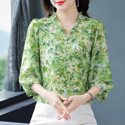 Cămașă cu imprimare florală de vară, nouă, elegantă, cu mâneci 3/4, pulover casual, bluză, cu volane, pentru femei