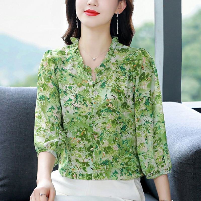 Ljetna nova elegantna modna košulja s cvjetnim printom Ženska široka ležerna majica s 3/4 rukava Ženska temperamentna bluza s volanima