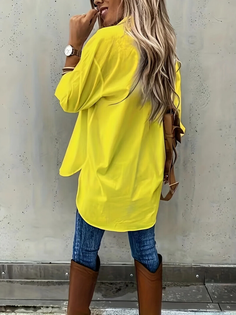 Modna ženska višenamjenska jednobojna košulja s ukrasnim džepovima na rever Ležerna široka i jednostavna košulja s dugim rukavima