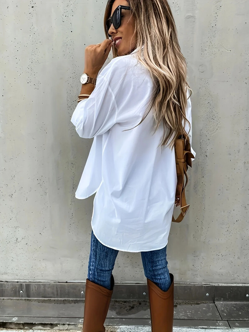 Modna ženska višenamjenska jednobojna košulja s ukrasnim džepovima na rever Ležerna široka i jednostavna košulja s dugim rukavima