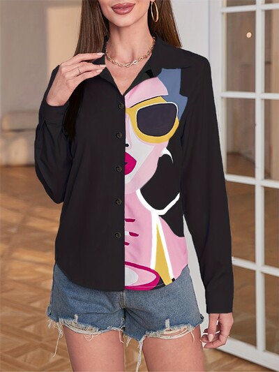 Camisas De Mujer2024 Γυναικείο πουκάμισο ζωγραφική μπλούζα με στάμπα πουκάμισο ιδιοσυγκρασίας Μακρυμάνικο καθημερινό πουκάμισο καθημερινής μόδας Φθινόπωρο Χειμώνας μπλούζες