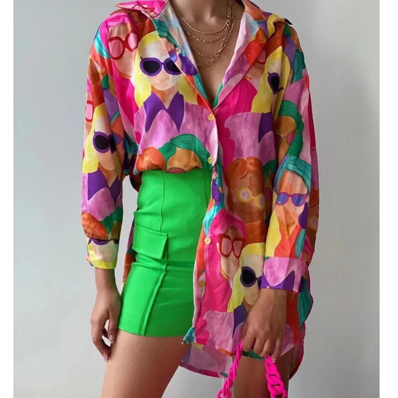 Ležerna bluza s otvorenim ovratnikom dugih rukava High Street majice Modna široka košulja s printom 2023 Ženska odjeća Blusas De Mujer 26054