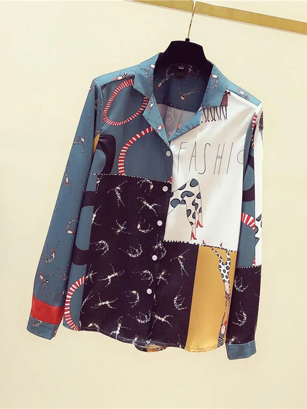 Pavasara rudens sieviešu kontrastkrāsu krekls Jauns korejiešu krekls ar retro apdruku Sieviešu vaļīgs krekls ar garām piedurknēm Sieviete GD272