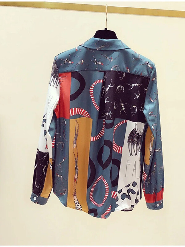 Pavasara rudens sieviešu kontrastkrāsu krekls Jauns korejiešu krekls ar retro apdruku Sieviešu vaļīgs krekls ar garām piedurknēm Sieviete GD272