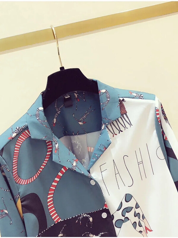 Pavasara rudens sieviešu kontrastkrāsu krekls Jauns korejiešu krekls ar retro apdruku Sieviešu vaļīgs krekls ar garām piedurknēm Sieviete GD272