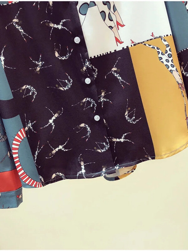 Pavasara rudens sieviešu kontrastkrāsu krekls Jauns korejiešu krekls ar retro apdruku Sieviešu vaļīgs krekls ar garām piedurknēm Sieviete GD272