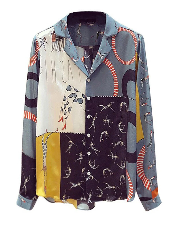 Pavasara rudens sieviešu kontrastkrāsu krekls Jauns korejiešu krekls ar retro apdruku Sieviešu vaļīgs krekls ar garām piedurknēm Sieviete GD272