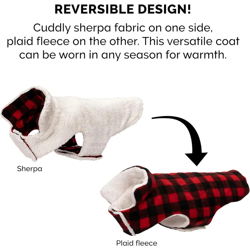 Apgriežams mazs suņu mētelis, mazgājams un silts, šerpa un rūtains vilnas jaka - krēmkrāsas/sarkans, rudens un ziemas suņu apģērbs