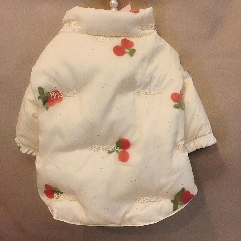 Mīlīgs ķiršu kokvilnas mētelis Mājdzīvnieku suņu apģērbs Siltas jakas Suņiem Apģērbs Kaķim Mazās drukas Ziemas balts Modes Suņu Mētelis Jakas