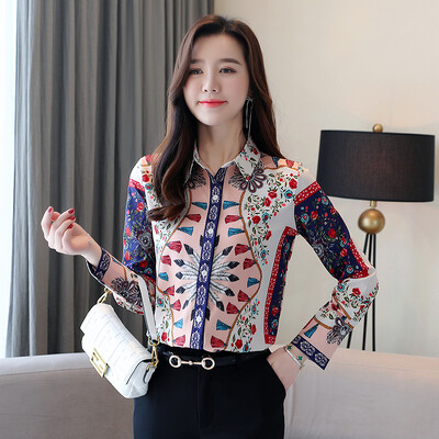 camisas de mujer Print Καλοκαιρινό πουκάμισο για Γυναικεία Μακρυμάνικο Γυναικεία Μπλούζα με Κουμπί γιακά Γυναικεία Ανοιξιάτικα Φθινοπωρινά vintage μπλουζάκια