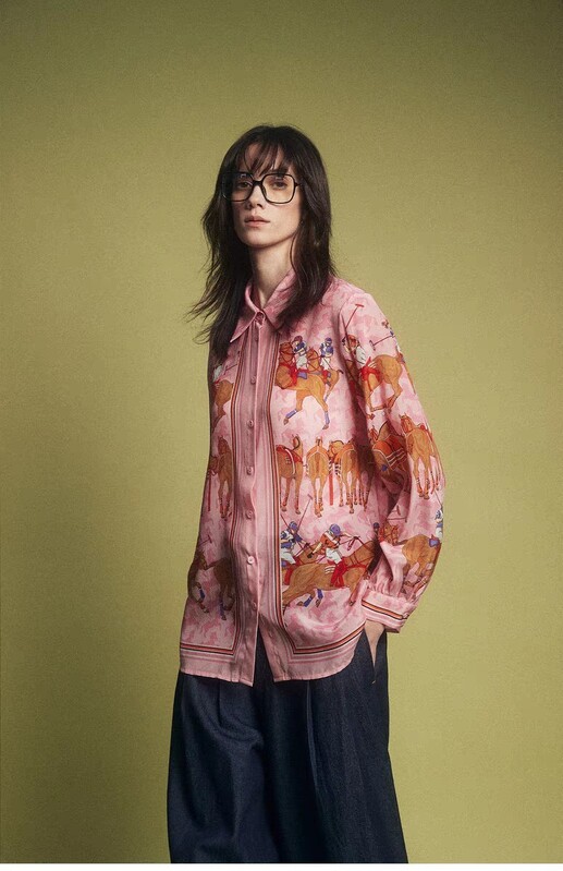 Visokokvalitetne vintage barokne ženske košulje Luksuzna bluza dugih rukava Ružičasta bluza s printom na rever Proljeće Jesen Ženska majica s gornjim dijelom 1701