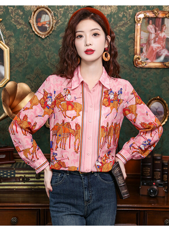 Visokokvalitetne vintage barokne ženske košulje Luksuzna bluza dugih rukava Ružičasta bluza s printom na rever Proljeće Jesen Ženska majica s gornjim dijelom 1701