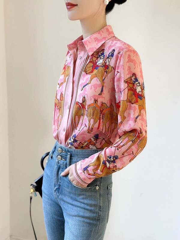 Visokokvalitetne vintage barokne ženske košulje Luksuzna bluza dugih rukava Ružičasta bluza s printom na rever Proljeće Jesen Ženska majica s gornjim dijelom 1701