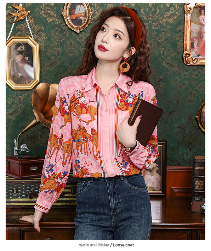 Visokokvalitetne vintage barokne ženske košulje Luksuzna bluza dugih rukava Ružičasta bluza s printom na rever Proljeće Jesen Ženska majica s gornjim dijelom 1701