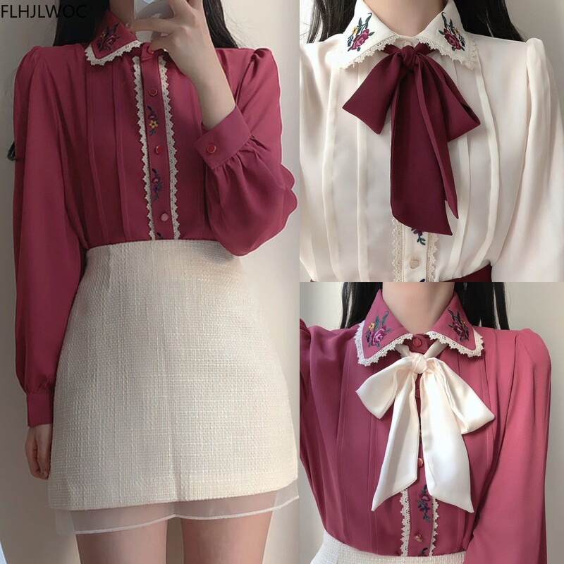 Retro vintage vrhovi s leptir mašnama Jesenska osnovna odjeća Elegantne formalne jednokopčane jednokopčane jednokopne bijele košulje