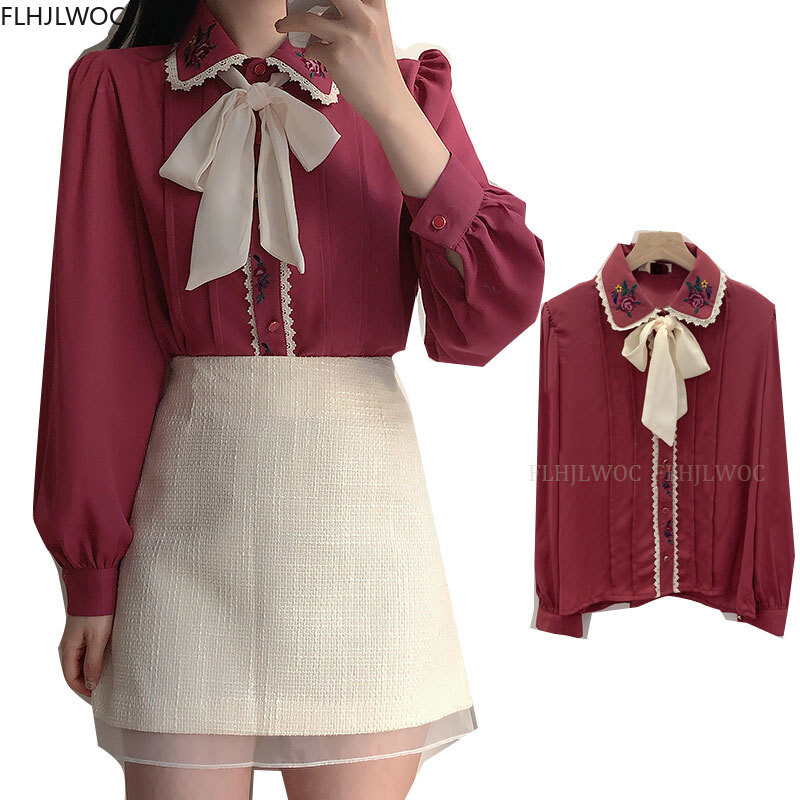 Retro vintage vrhovi s leptir mašnama Jesenska osnovna odjeća Elegantne formalne jednokopčane jednokopčane jednokopne bijele košulje