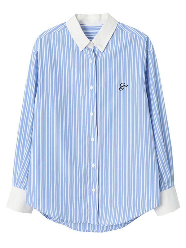 [LANMREM] Plava prugasta ženska košulja na rever s jednorednim kopčanjem u nizu boja uredska ženska široka majica, novo jesen 2024. 26D304