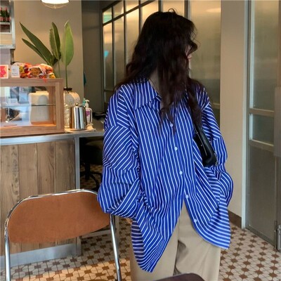 Πουκάμισα Γυναικεία Knorean Style Διαδεδομένο Βασικό ριγέ αναψυχής Γυριστός γιακάς Άνοιξη Αντιηλιακό Κομψό ταμπεραμέντο Γοητευτικές κυρίες