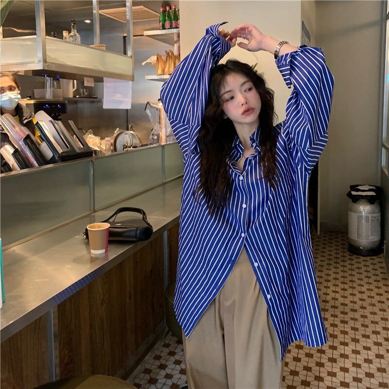 Košulje Žene Knoreanski stil Prevladavaju Basic prugaste za slobodno vrijeme Ovratnik na odlaganje Proljeće Otporne na sunce Elegantan temperament Šarmantne dame
