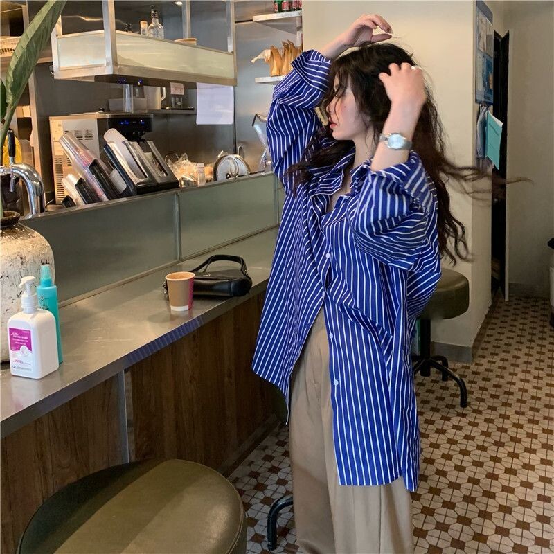 Košulje Žene Knoreanski stil Prevladavaju Basic prugaste za slobodno vrijeme Ovratnik na odlaganje Proljeće Otporne na sunce Elegantan temperament Šarmantne dame