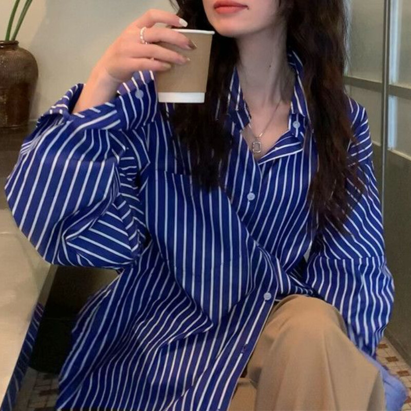 Košulje Žene Knoreanski stil Prevladavaju Basic prugaste za slobodno vrijeme Ovratnik na odlaganje Proljeće Otporne na sunce Elegantan temperament Šarmantne dame