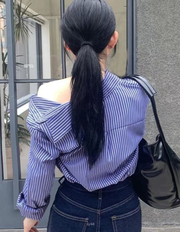 Ženska labava prugasta košulja s otvorenim ramenima, gornji dio dugih rukava s dijagonalnim gumbima, ležerna svakodnevna ženska odjeća