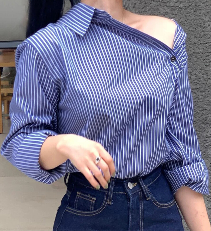 Ženska labava prugasta košulja s otvorenim ramenima, gornji dio dugih rukava s dijagonalnim gumbima, ležerna svakodnevna ženska odjeća
