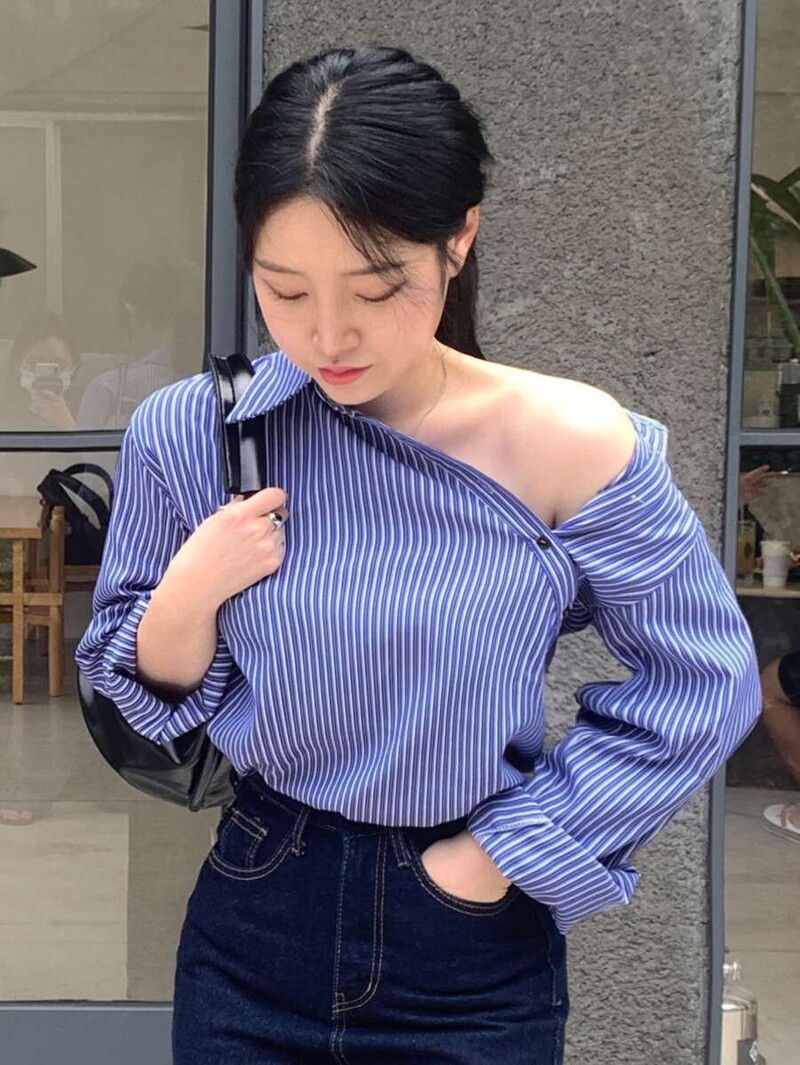 Ženska labava prugasta košulja s otvorenim ramenima, gornji dio dugih rukava s dijagonalnim gumbima, ležerna svakodnevna ženska odjeća