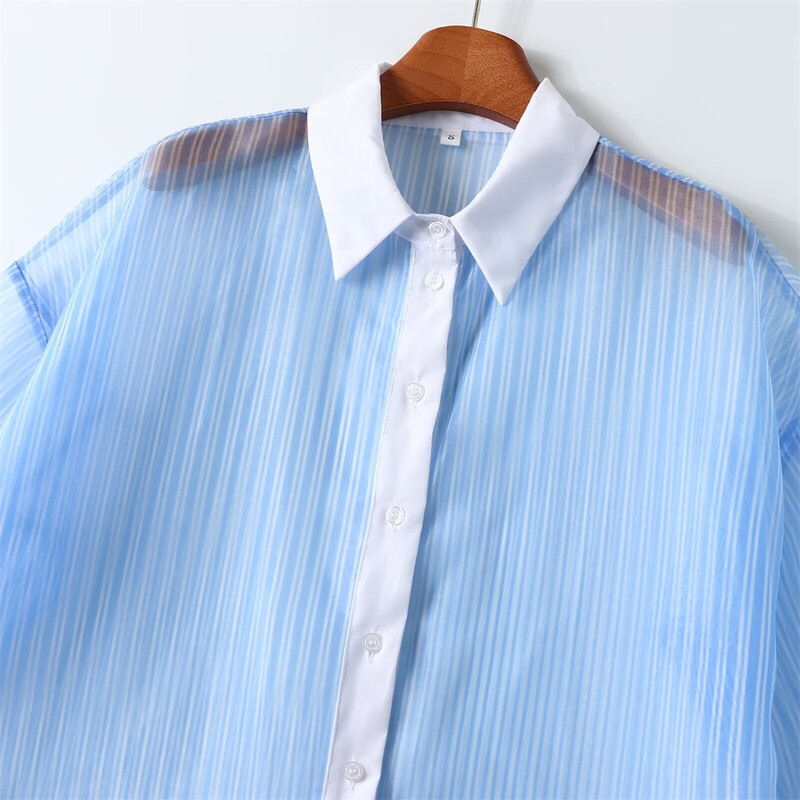 Zach Ailsa 2024 Άνοιξη Νέο προϊόν Γυναικεία μόδα casual polo γιακάς μακρυμάνικο ριγέ διαφανές πουκάμισο από σκληρό νήμα