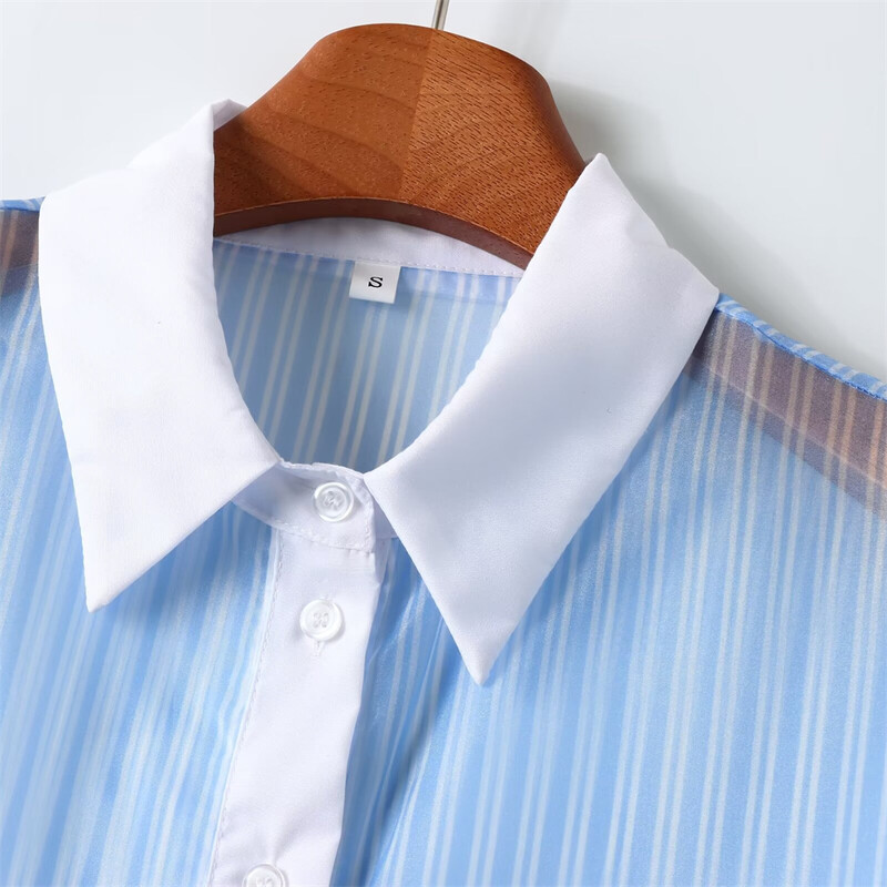 Zach Ailsa 2024 Άνοιξη Νέο προϊόν Γυναικεία μόδα casual polo γιακάς μακρυμάνικο ριγέ διαφανές πουκάμισο από σκληρό νήμα