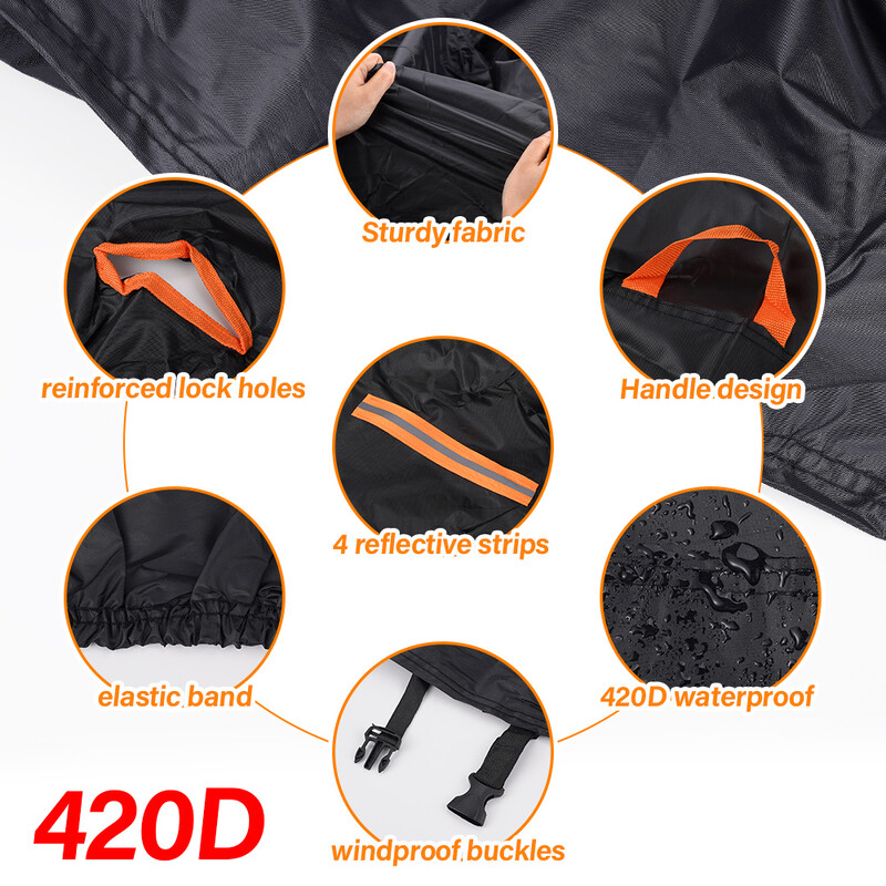 Χοντρό καλύμματα μοτοσυκλέτας 420D Μαύρο Σχέδιο Αδιάβροχο μοτέρ Κάλυμμα προστασίας από σκόνη βροχή χιόνι UV Εσωτερικός εξωτερικός χώρος XXXXL