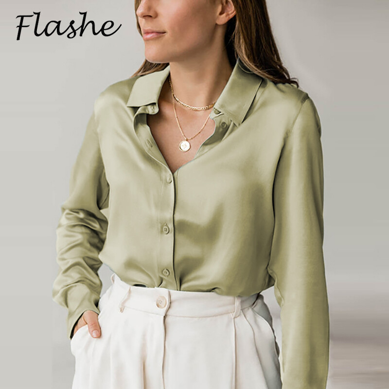 Elegantna satenska bluza dugih rukava Ženska vintage zelena bijela crna svilena košulja Ženska ležerna široka košulja na gumbe za žene Jednobojne majice