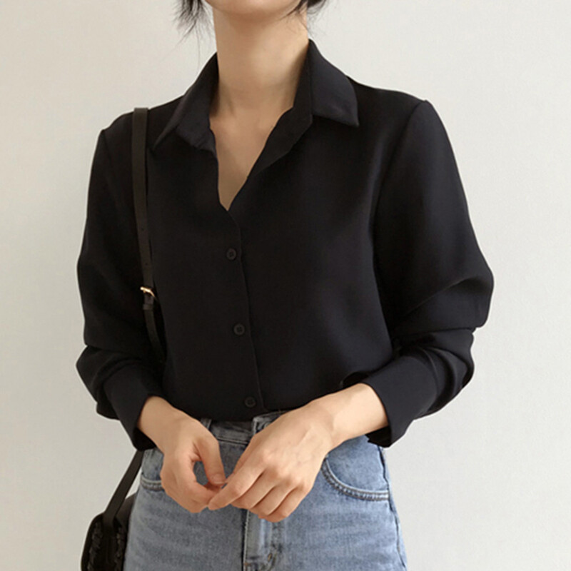 Ženska košulja od šifona, korejska, crna, ovratnik, ženska bluza dugih rukava, proljetna moda, uredske ženske majice s gumbima