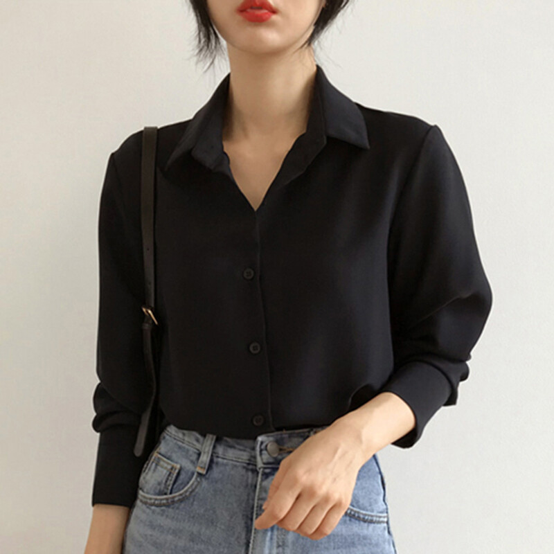 Ženska košulja od šifona, korejska, crna, ovratnik, ženska bluza dugih rukava, proljetna moda, uredske ženske majice s gumbima