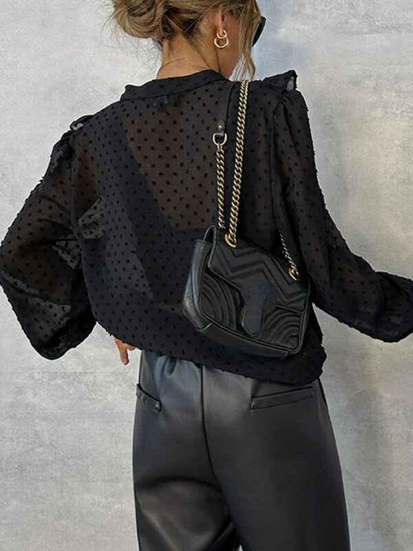 Proljeće 2024, nova tanka pređa, elegantna ženska majica s naboranim rubovima i lanternastim rukavima Elegantna ženska majica dugih rukava s gumbima