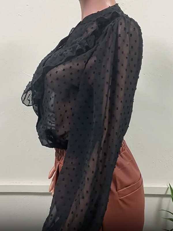 Proljeće 2024, nova tanka pređa, elegantna ženska majica s naboranim rubovima i lanternastim rukavima Elegantna ženska majica dugih rukava s gumbima