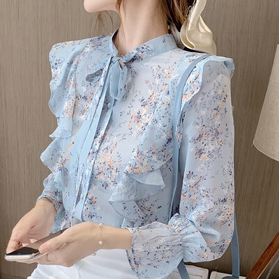 Őszi hosszú ujjú blúz Női Blusas Mujer De Moda 2024 Fodros Kék Print Chiffon Blúz Ing felsők Női Blúzok Blusa D743