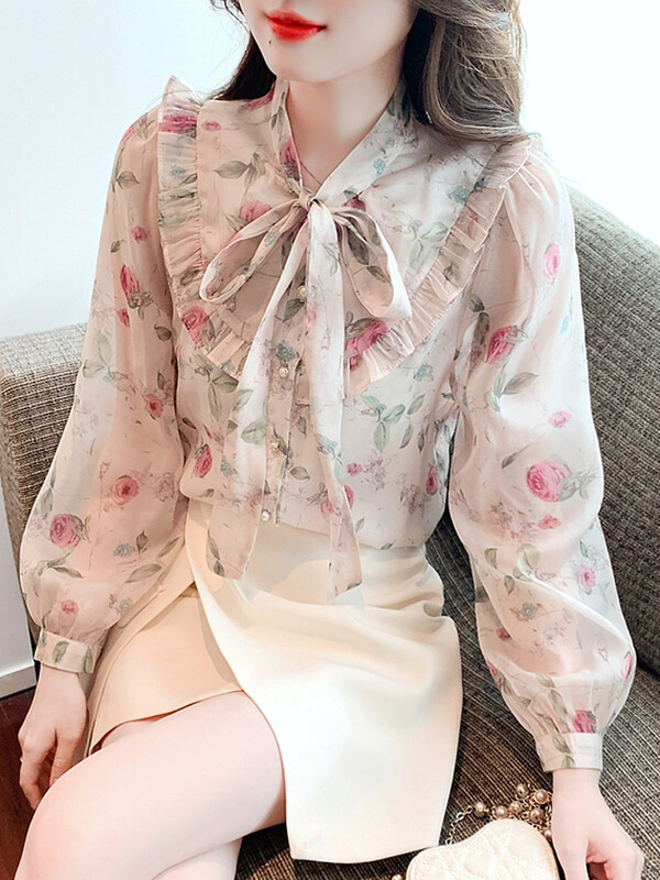 Bluza Ženska šifonska bluza dugih rukava s cvjetnim printom Majice majica Ženske Blusas Mujer De Moda 2024 Bluze Femme Košulje Blusa G212