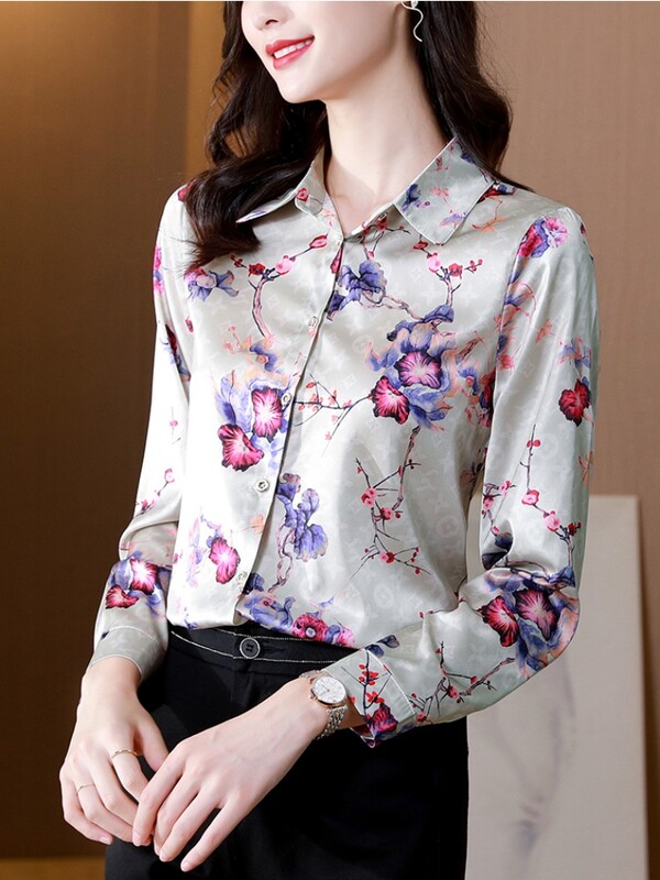 Svilena ženska košulja s dugim rukavima, bluza, moda, proljeće 2024., nove ženske majice, osnovne cvjetne košulje za žene OL satenska ženska odjeća