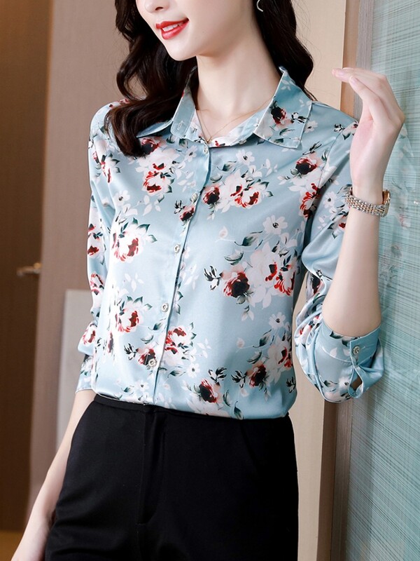 Svilena ženska košulja s dugim rukavima, bluza, moda, proljeće 2024., nove ženske majice, osnovne cvjetne košulje za žene OL satenska ženska odjeća