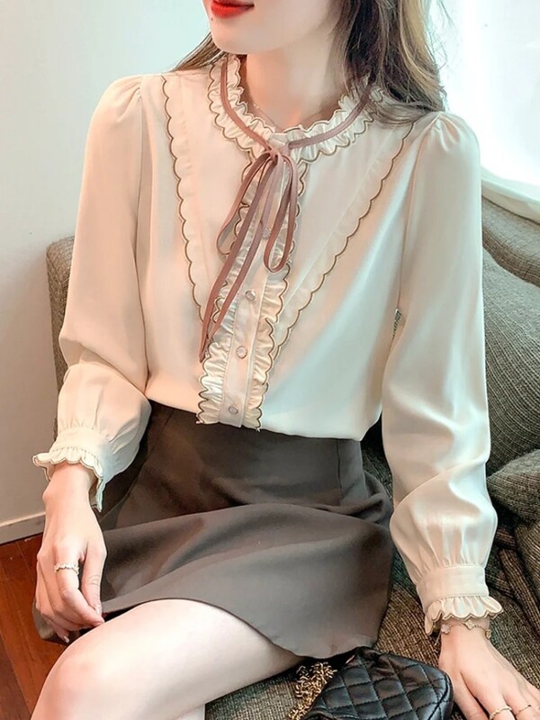 Bluza dugih rukava Ženska mašna S volanima Šifon bluza boje marelice Gornji dijelovi košulja Ženske Blusas Mujer De Moda 2024 Bluze Košulje Blusa F507